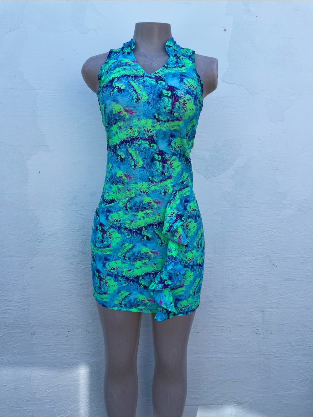 Tzu Tzu Neon Green and Teal Ruffle Bodycon Mini Dress